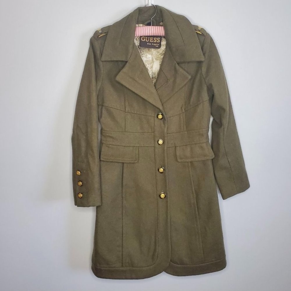 Guess M Wool Coat Jacket Military Olive Green Brass